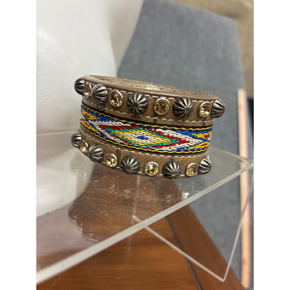 Western Leather Cuff Bracelet Woven Textile Concho Studs Rhinestones Tan 8.5"
